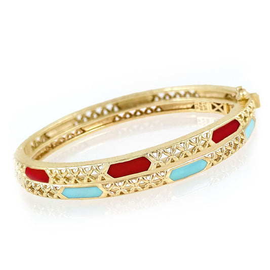 Enamel Inlay Bangle – Lattice Detail with Safety Clasp, 7 or 8 in. Red Coral / Turquoise color options