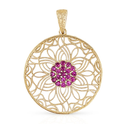 Dark Pink Crystal Floral Filigree Round Pendant