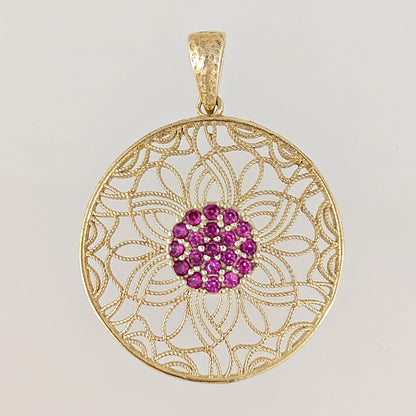 Dark Pink Crystal Floral Filigree Round Pendant