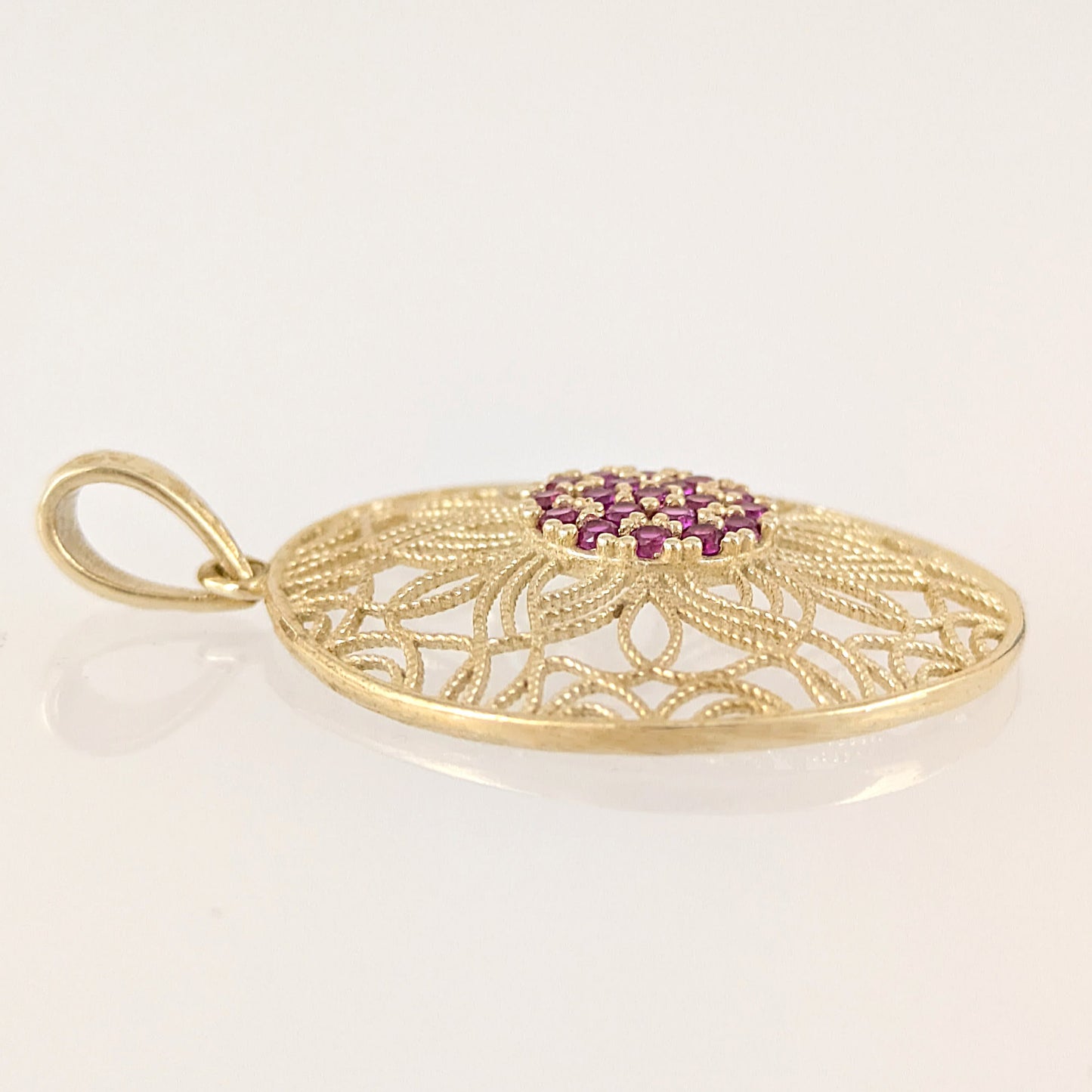 Dark Pink Crystal Floral Filigree Round Pendant
