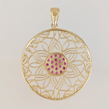 Dark Pink Crystal Floral Filigree Round Pendant