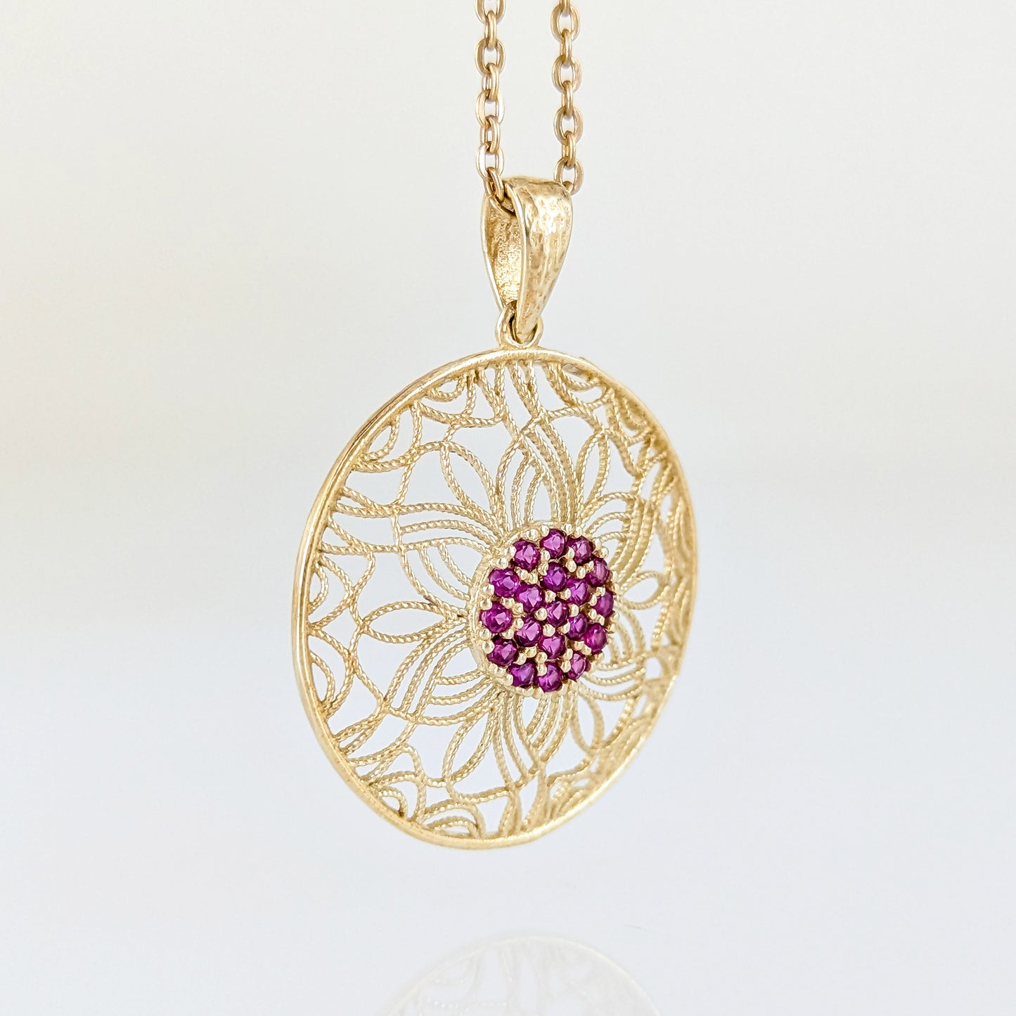 Dark Pink Crystal Floral Filigree Round Pendant