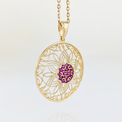 Dark Pink Crystal Floral Filigree Round Pendant