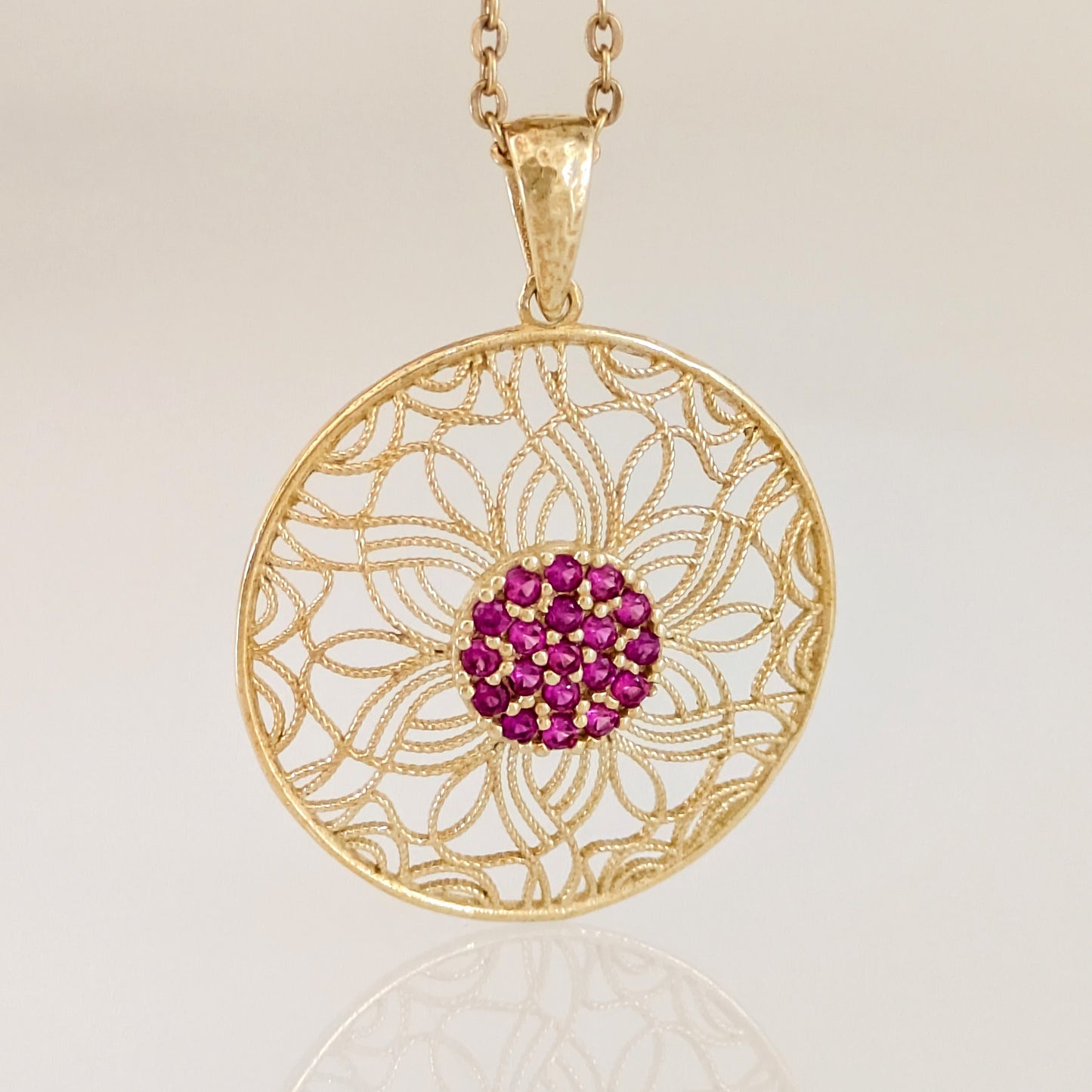 Dark Pink Crystal Floral Filigree Round Pendant