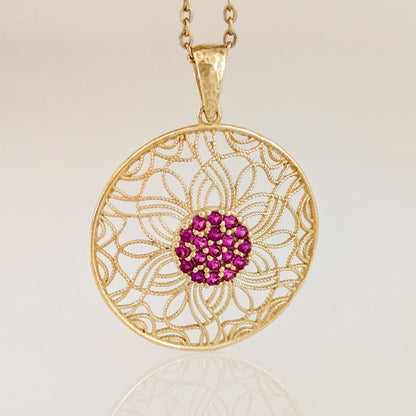 Dark Pink Crystal Floral Filigree Round Pendant