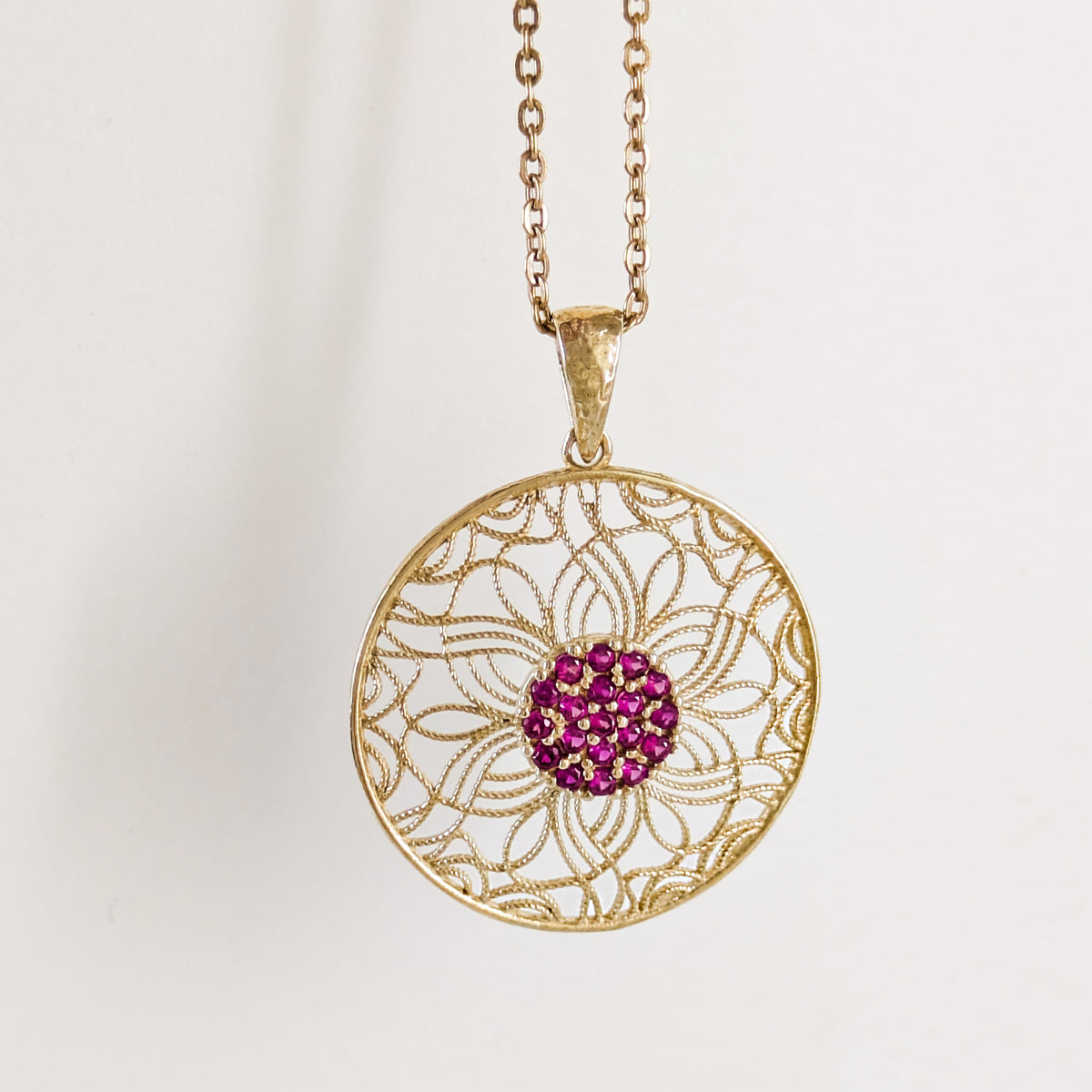 Dark Pink Crystal Floral Filigree Round Pendant