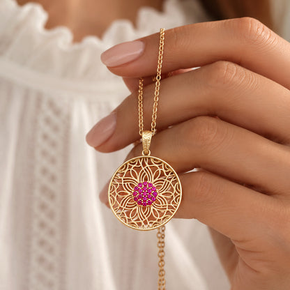 Dark Pink Crystal Floral Filigree Round Pendant