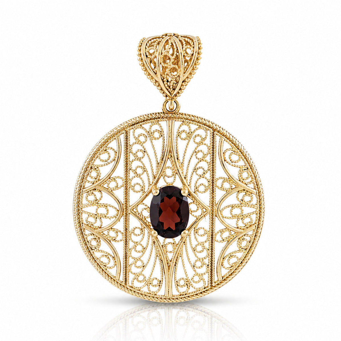 Natural Garnet Filigree Round Pendant with Ornate Scrollwork