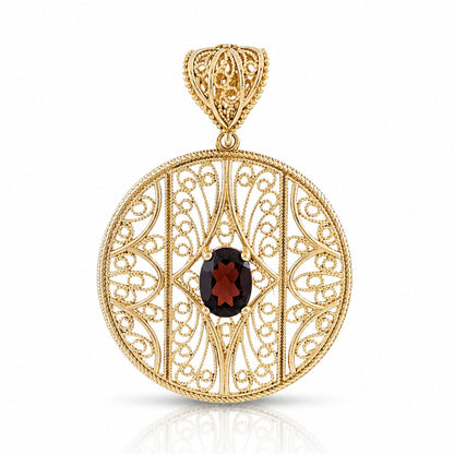 Natural Garnet Filigree Round Pendant with Ornate Scrollwork