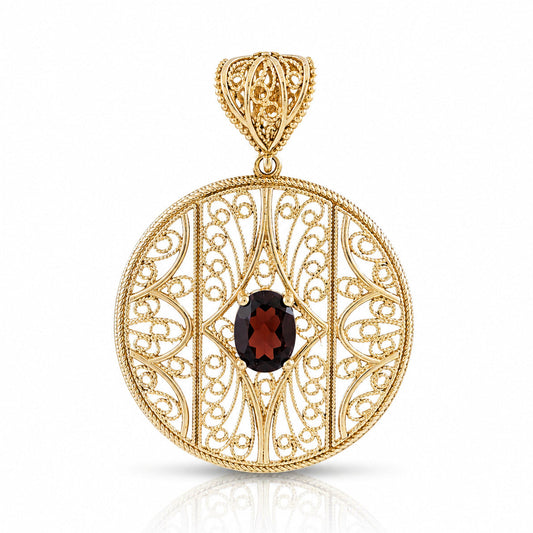 Natural Garnet Filigree Round Pendant with Ornate Scrollwork