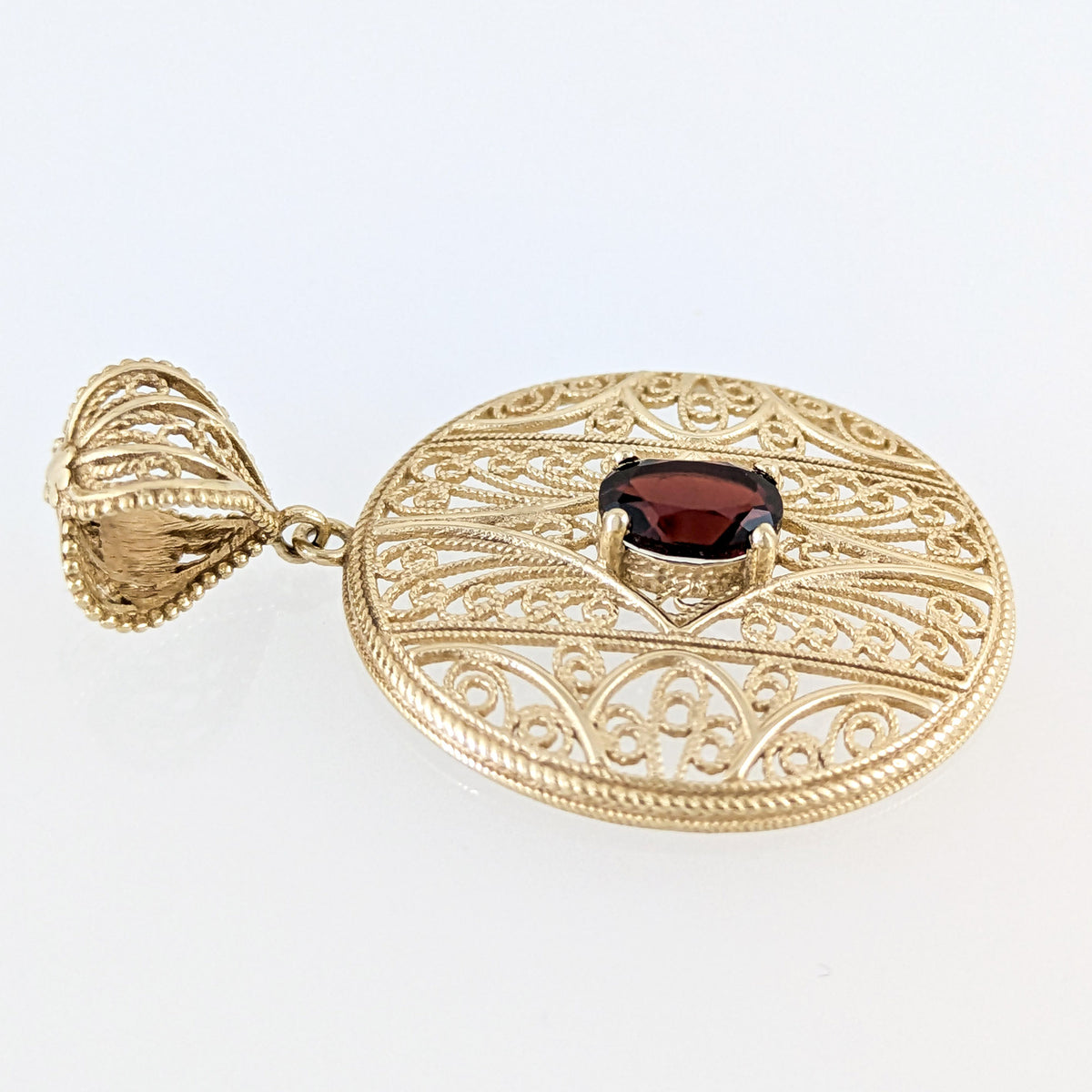 Natural Garnet Filigree Round Pendant with Ornate Scrollwork