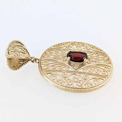 Natural Garnet Filigree Round Pendant with Ornate Scrollwork