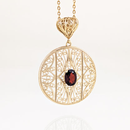 Natural Garnet Filigree Round Pendant with Ornate Scrollwork