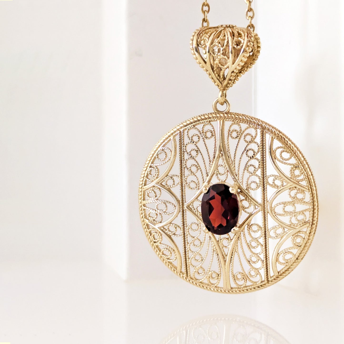 Natural Garnet Filigree Round Pendant with Ornate Scrollwork