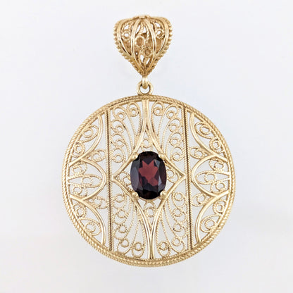 Natural Garnet Filigree Round Pendant with Ornate Scrollwork