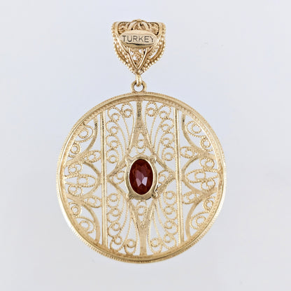 Natural Garnet Filigree Round Pendant with Ornate Scrollwork