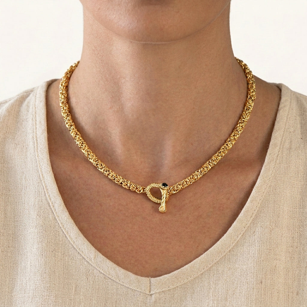 Timeless Classic Byzantine Link Chain Necklace with Black Onyx Toggle Clasp -5.5mm