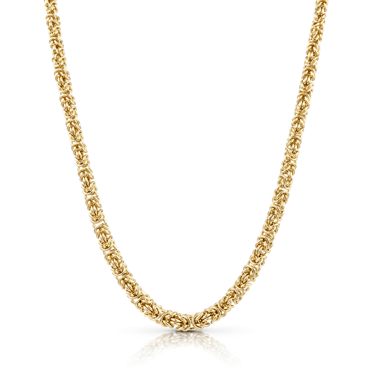 A gold graduated byzantine chain necklace with a textured, woven link design, shown in a clean studio shot against a white background with a subtle reflection.