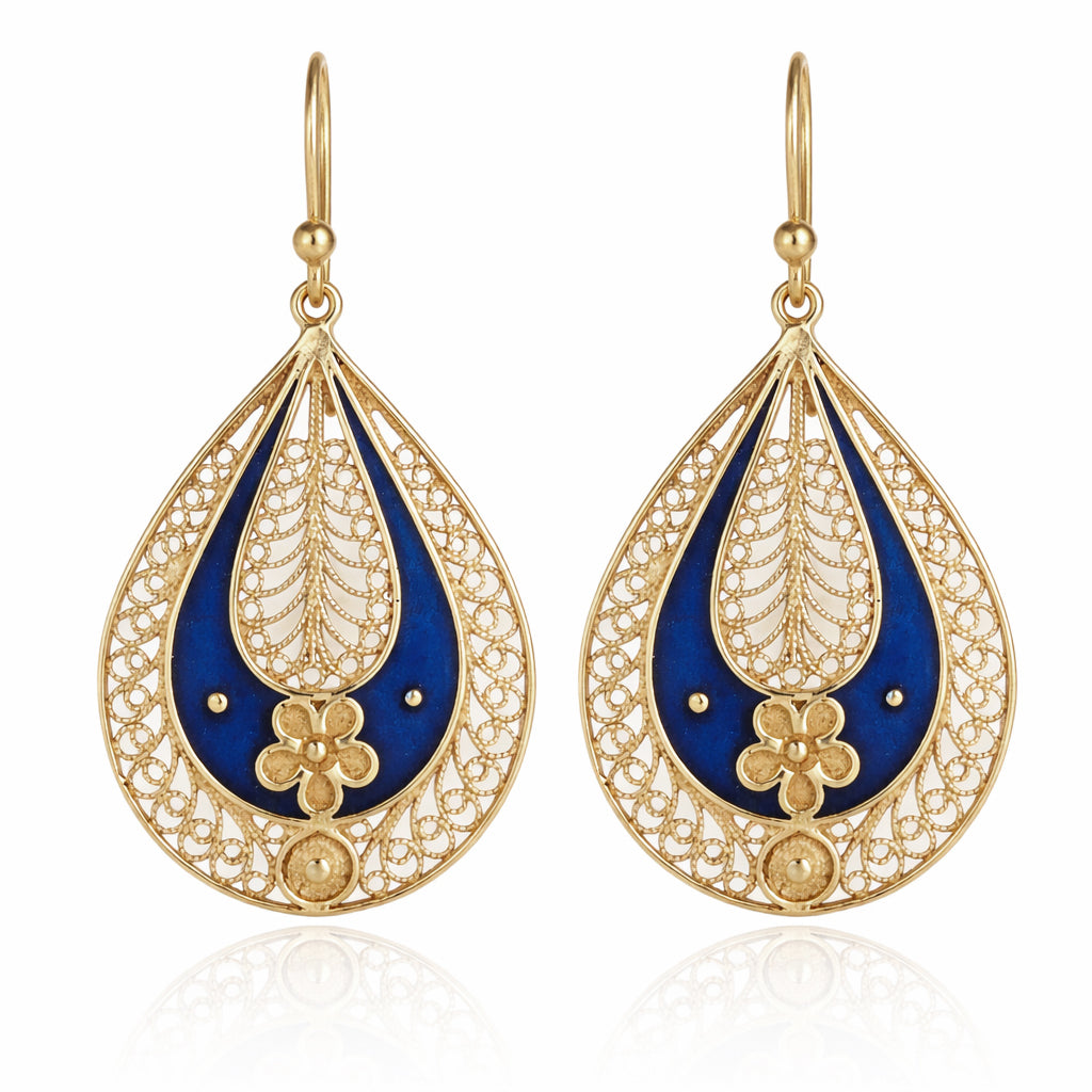 Blue Enamel Filigree Teardrop Drop Earrings