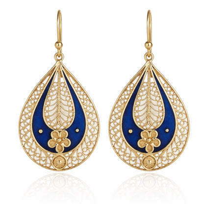 Blue Enamel Filigree Teardrop Drop Earrings