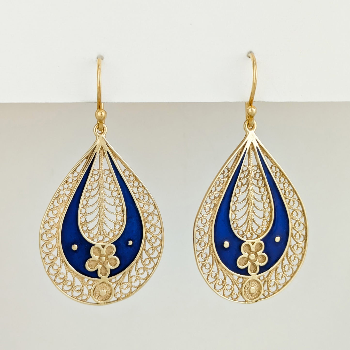 Blue Enamel Filigree Teardrop Drop Earrings