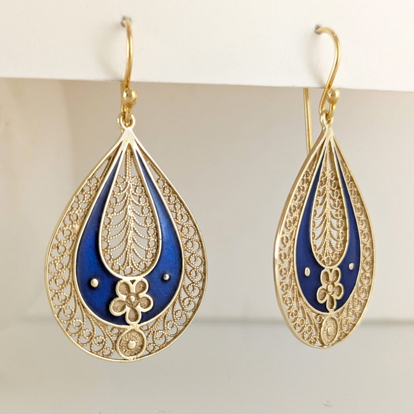 Blue Enamel Filigree Teardrop Drop Earrings