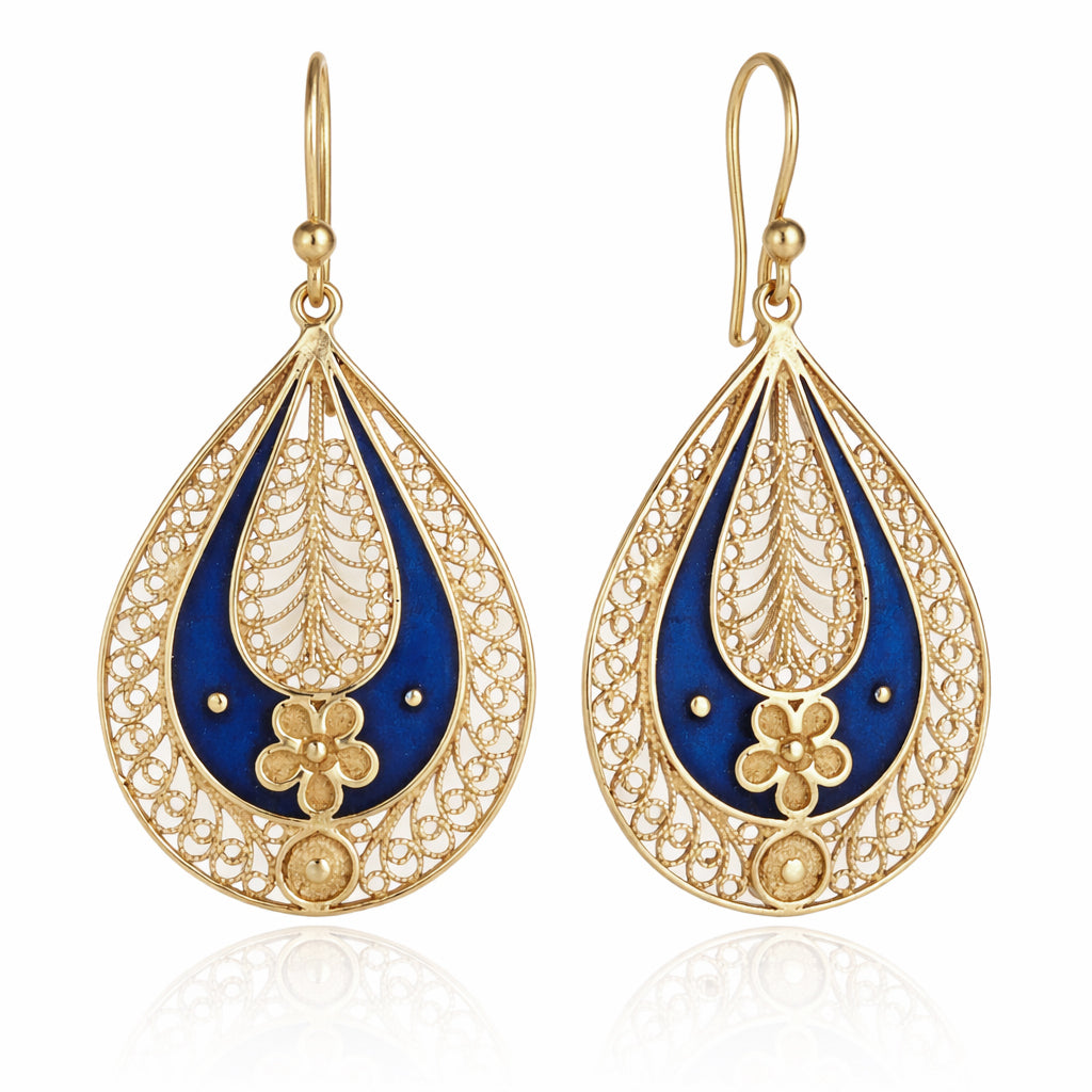 Blue Enamel Filigree Teardrop Drop Earrings