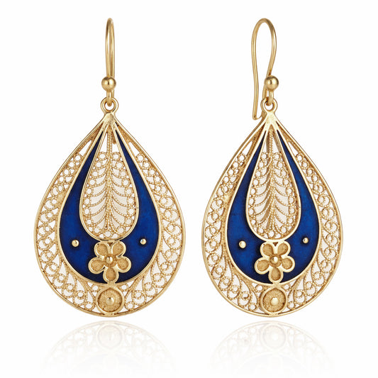Blue Enamel Filigree Teardrop Drop Earrings