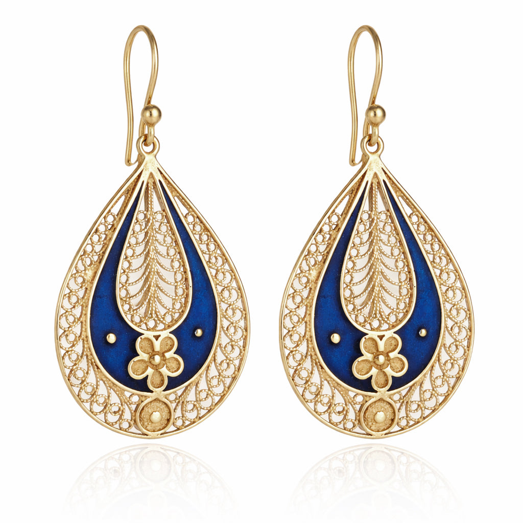 Blue Enamel Filigree Teardrop Drop Earrings
