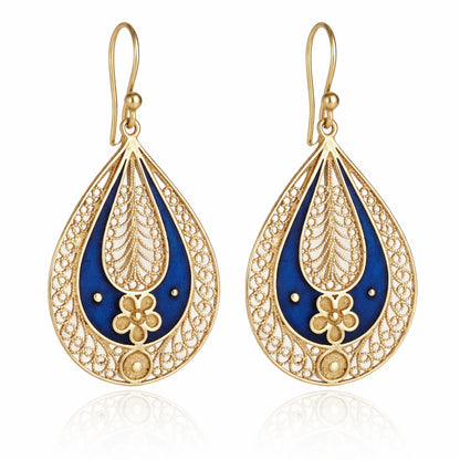 Blue Enamel Filigree Teardrop Drop Earrings