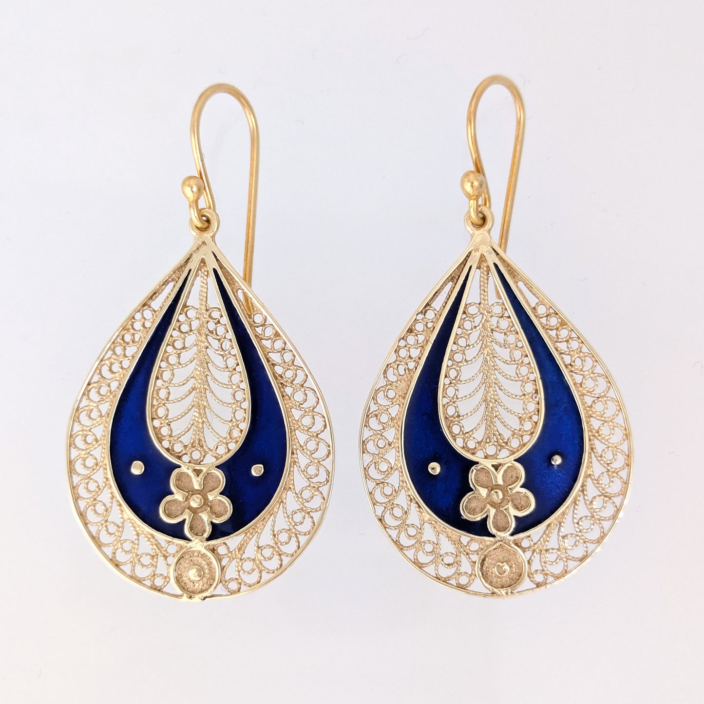 Blue Enamel Filigree Teardrop Drop Earrings