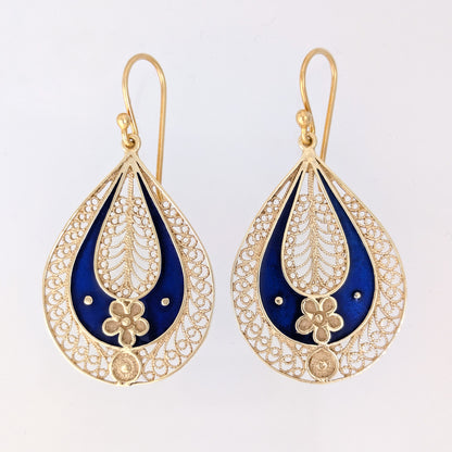 Blue Enamel Filigree Teardrop Drop Earrings