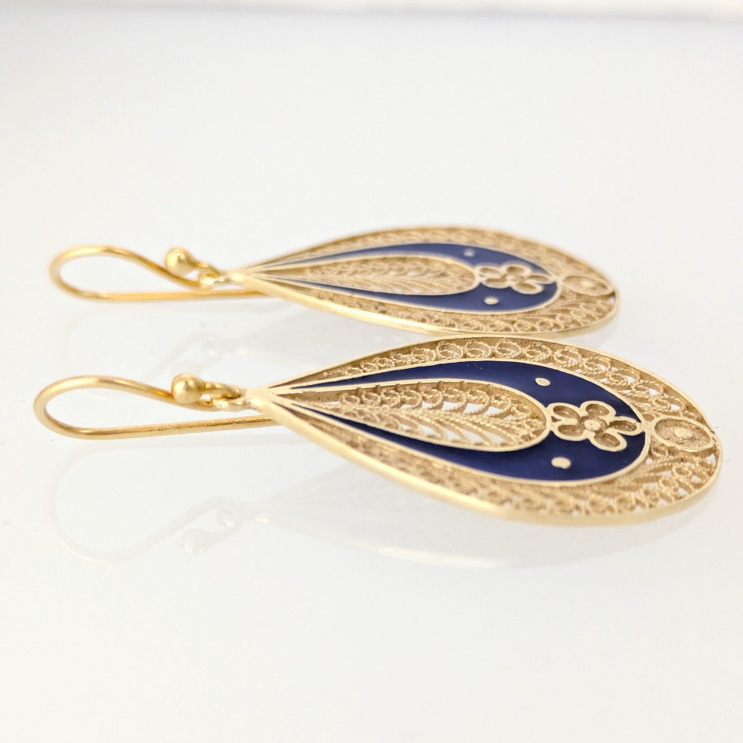Blue Enamel Filigree Teardrop Drop Earrings