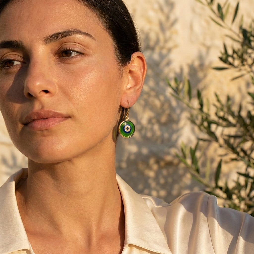 Green Evil Eye Dangle Earring with Round Glass Bead