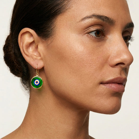 Green Evil Eye Dangle Earring with Round Glass Bead