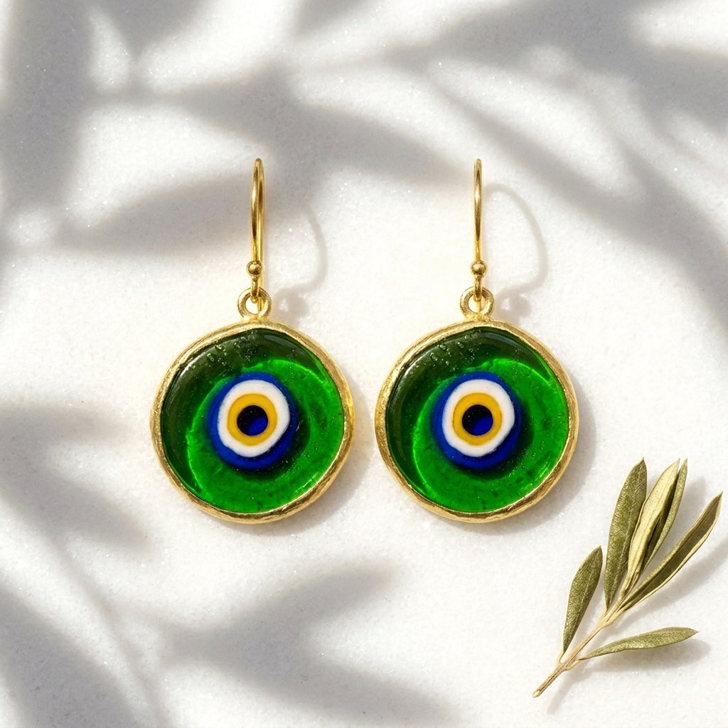 Green Evil Eye Dangle Earring with Round Glass Bead