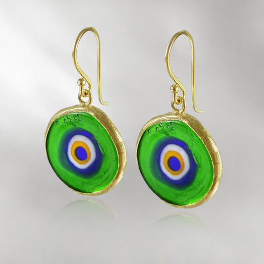 Green Evil Eye Dangle Earring with Round Glass Bead