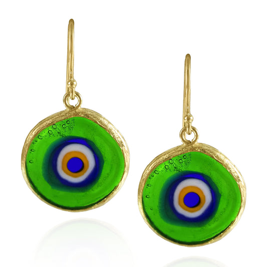 Green Evil Eye Dangle Earring with Round Glass Bead