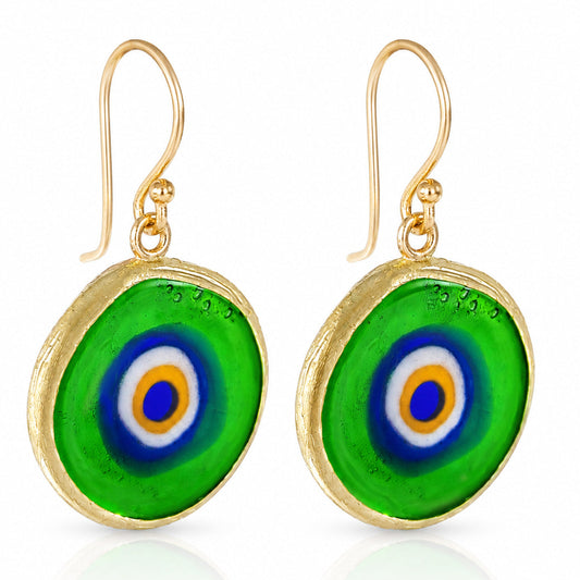 Green Evil Eye Dangle Earring with Round Glass Bead
