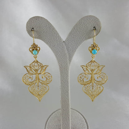 Gold Filigree Fleur de Lis Earring with Blue Gemstone - TurkishBling
