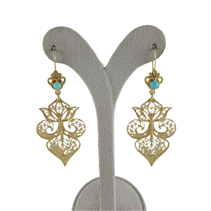 Gold Filigree Fleur de Lis Earring with Blue Gemstone - TurkishBling
