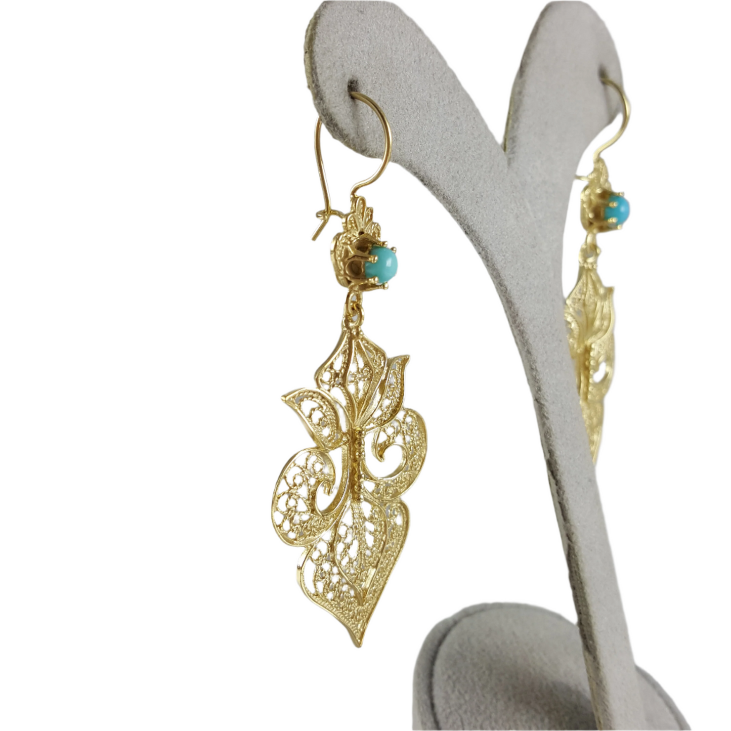 Gold Filigree Fleur de Lis Earring with Blue Gemstone