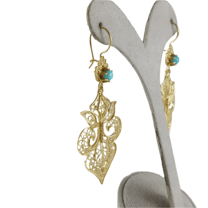 Gold Filigree Fleur de Lis Earring with Blue Gemstone - TurkishBling