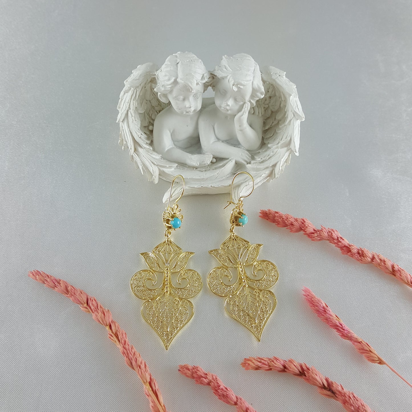 Gold Filigree Fleur de Lis Earring with Blue Gemstone