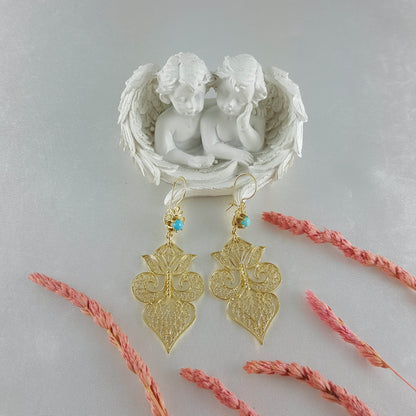 Gold Filigree Fleur de Lis Earring with Blue Gemstone - TurkishBling