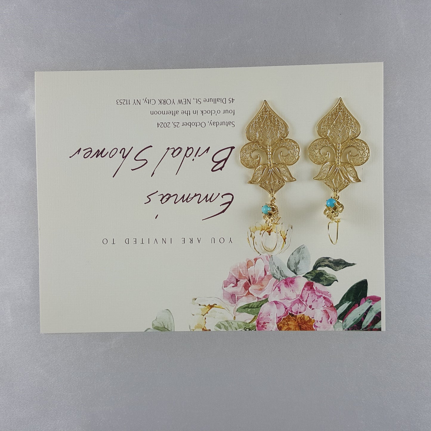 Gold Filigree Fleur de Lis Earring with Blue Gemstone