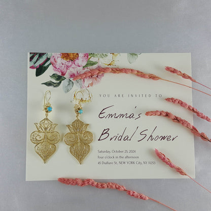 Gold Filigree Fleur de Lis Earring with Blue Gemstone - TurkishBling