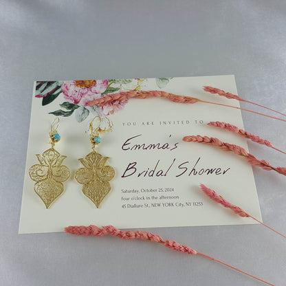 Gold Filigree Fleur de Lis Earring with Blue Gemstone - TurkishBling