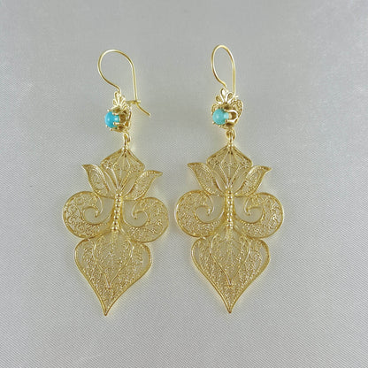 Gold Filigree Fleur de Lis Earring with Blue Gemstone - TurkishBling
