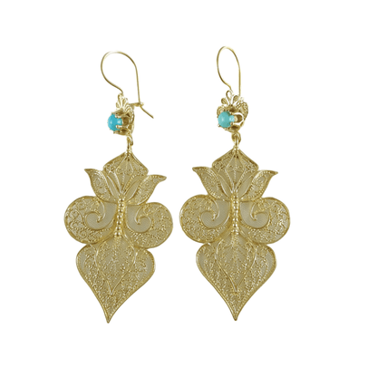 Gold Filigree Fleur de Lis Earring with Blue Gemstone - TurkishBling